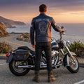 Vintage Royal Blue Leather Biker Jacket | Flaming Skull Back Graphic - Timber AND Hide
