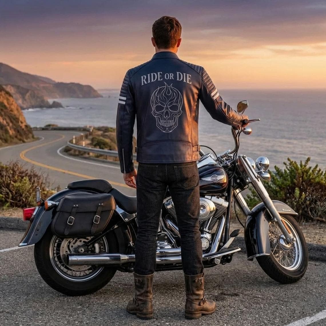 Vintage Royal Blue Leather Biker Jacket | Flaming Skull Back Graphic - Timber AND Hide