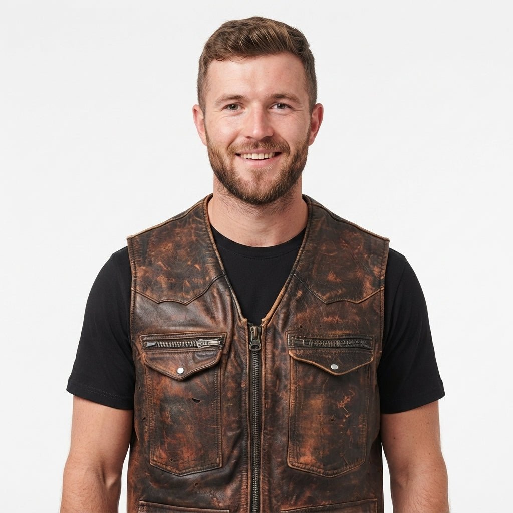 Vintage Strap Pockets Leather Distressed Vest - Timber AND Hide