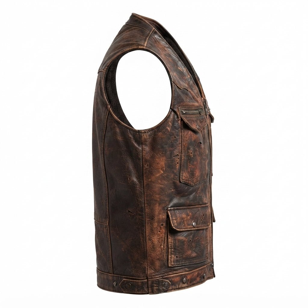 Vintage Strap Pockets Leather Distressed Vest - Timber AND Hide