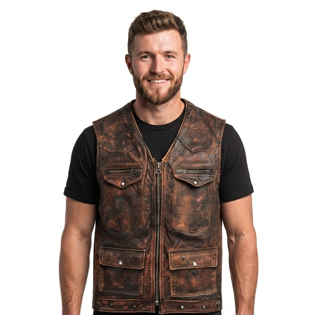 Vintage Strap Pockets Leather Distressed Vest - Timber AND Hide