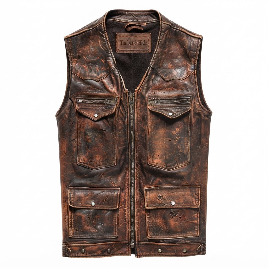 Vintage Strap Pockets Leather Distressed Vest - Timber AND Hide