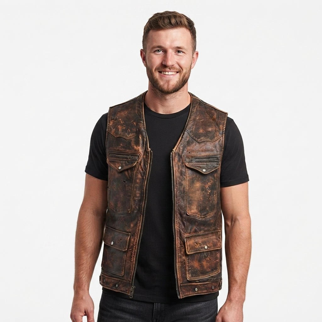 Vintage Strap Pockets Leather Distressed Vest - Timber AND Hide
