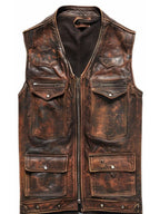 Vintage Strap Pockets Leather Distressed Vest