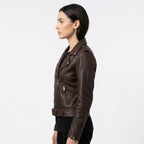 Women Biker Leather Jacket Dark Brown - Timber AND Hide