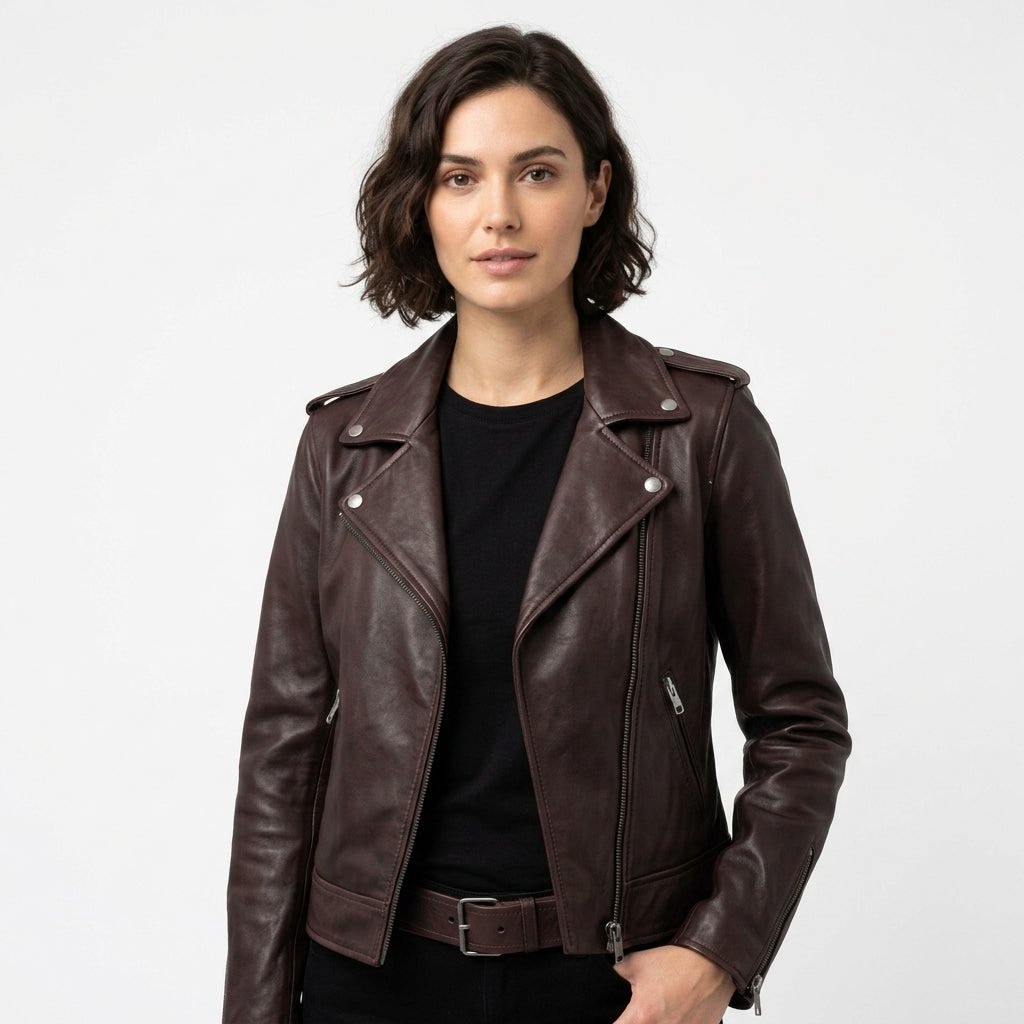 Women Biker Leather Jacket Dark Brown - Timber AND Hide