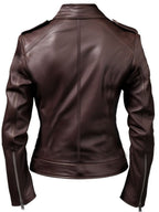 Women Biker Leather Jacket Dark Brown