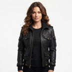 Women Black Biker Bomber Leather Jacket - Timber AND Hide