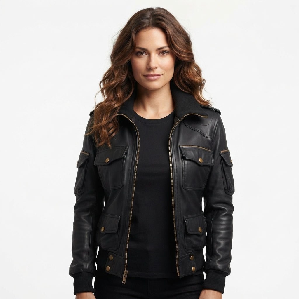 Women Black Biker Bomber Leather Jacket - Timber AND Hide