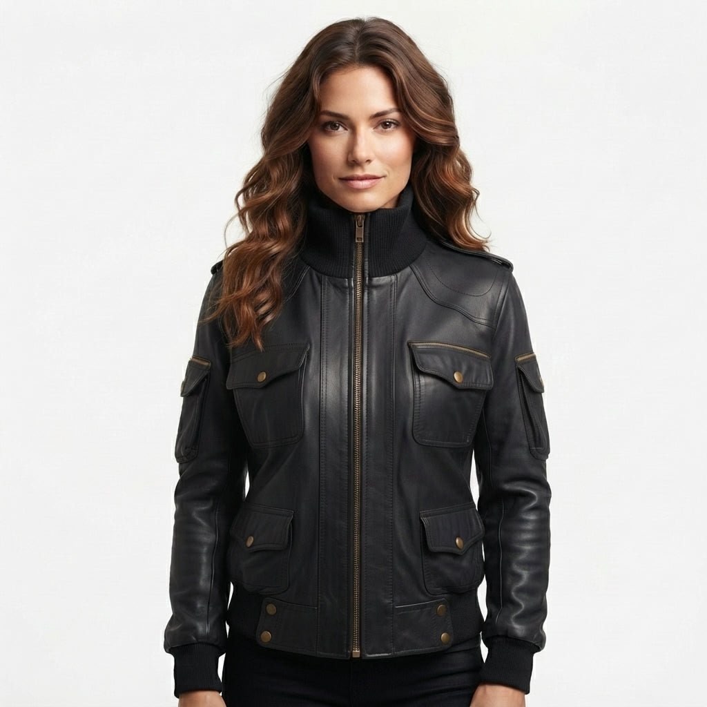 Women Black Biker Bomber Leather Jacket - Timber AND Hide
