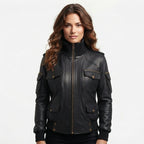 Women Black Biker Bomber Leather Jacket - Timber AND Hide