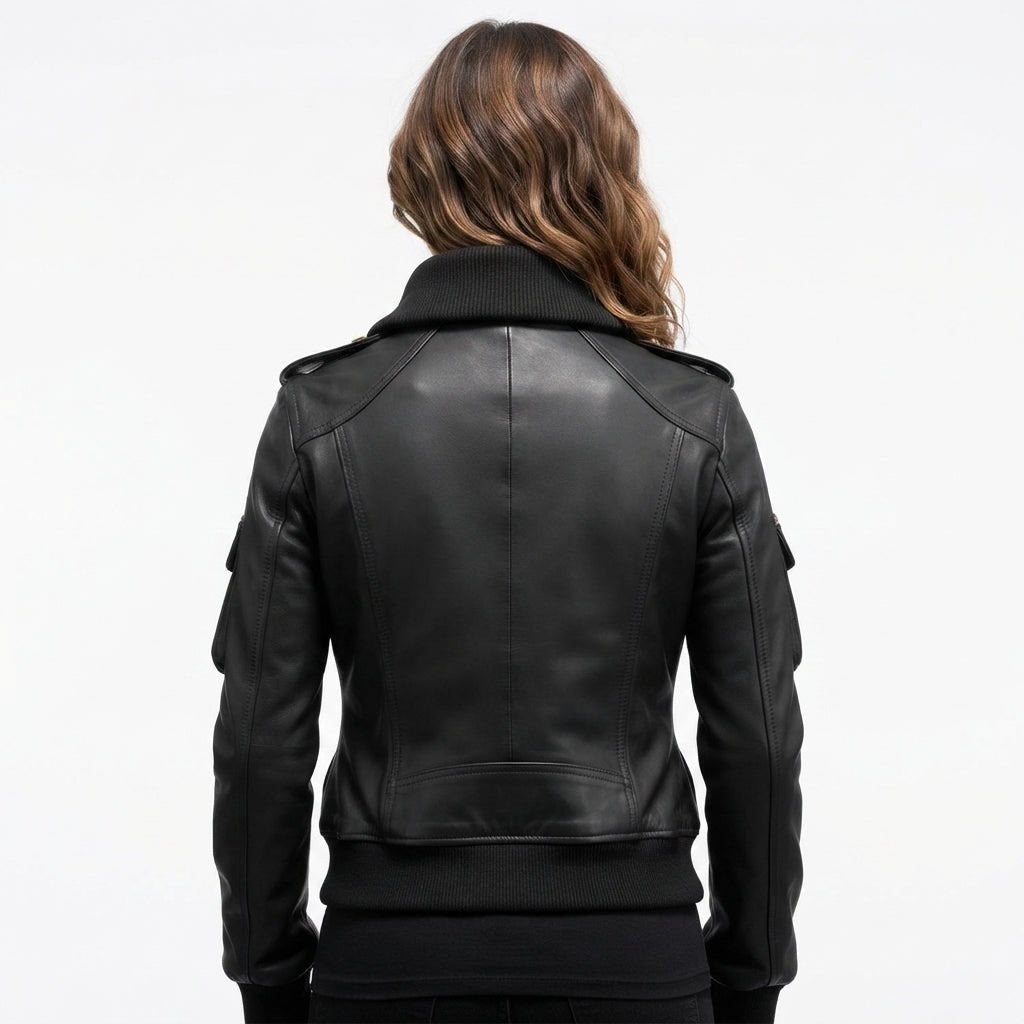 Women Black Biker Bomber Leather Jacket - Timber AND Hide