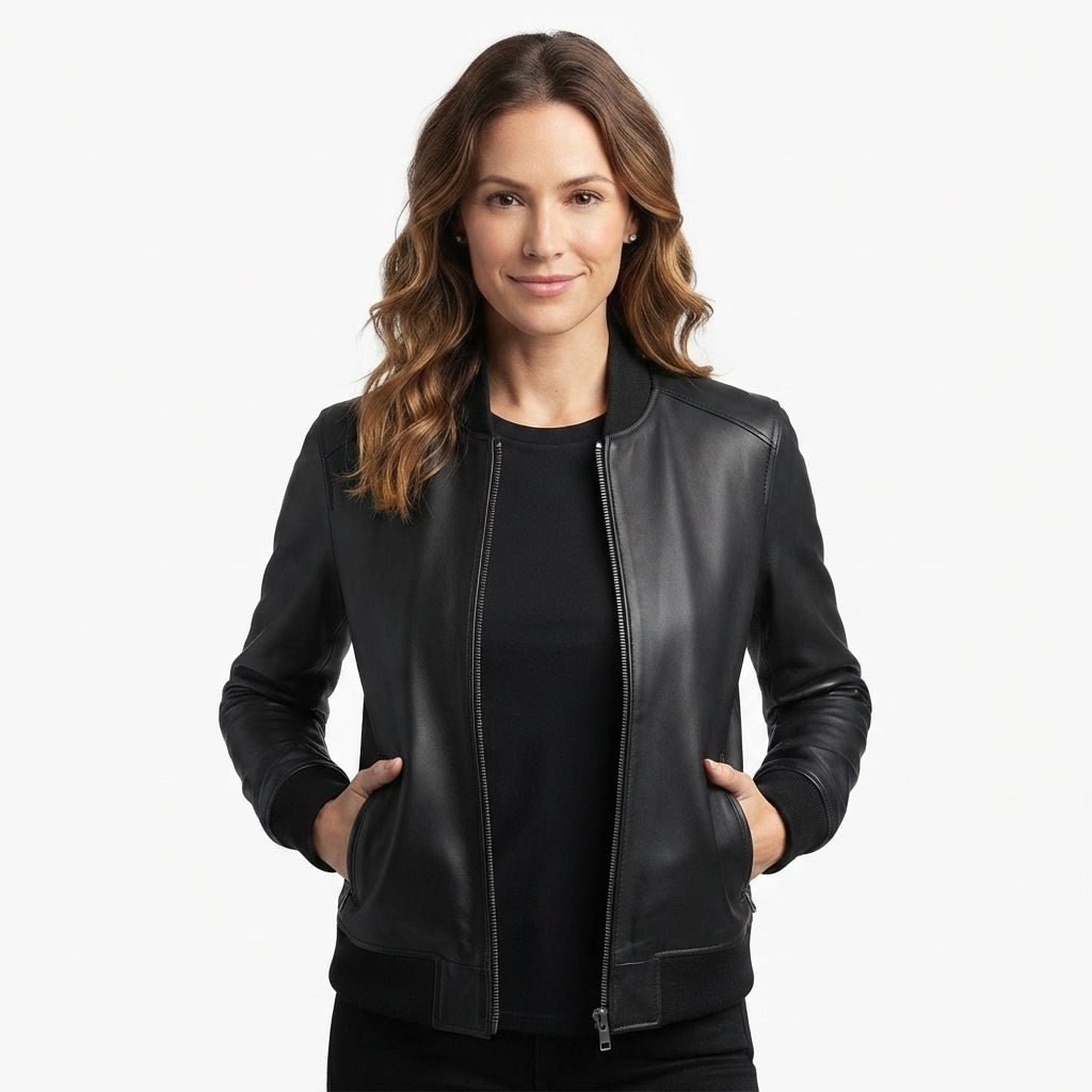 Women Bomber Leather Jacket- Black Leather Jacket for Women - Timber AND Hide