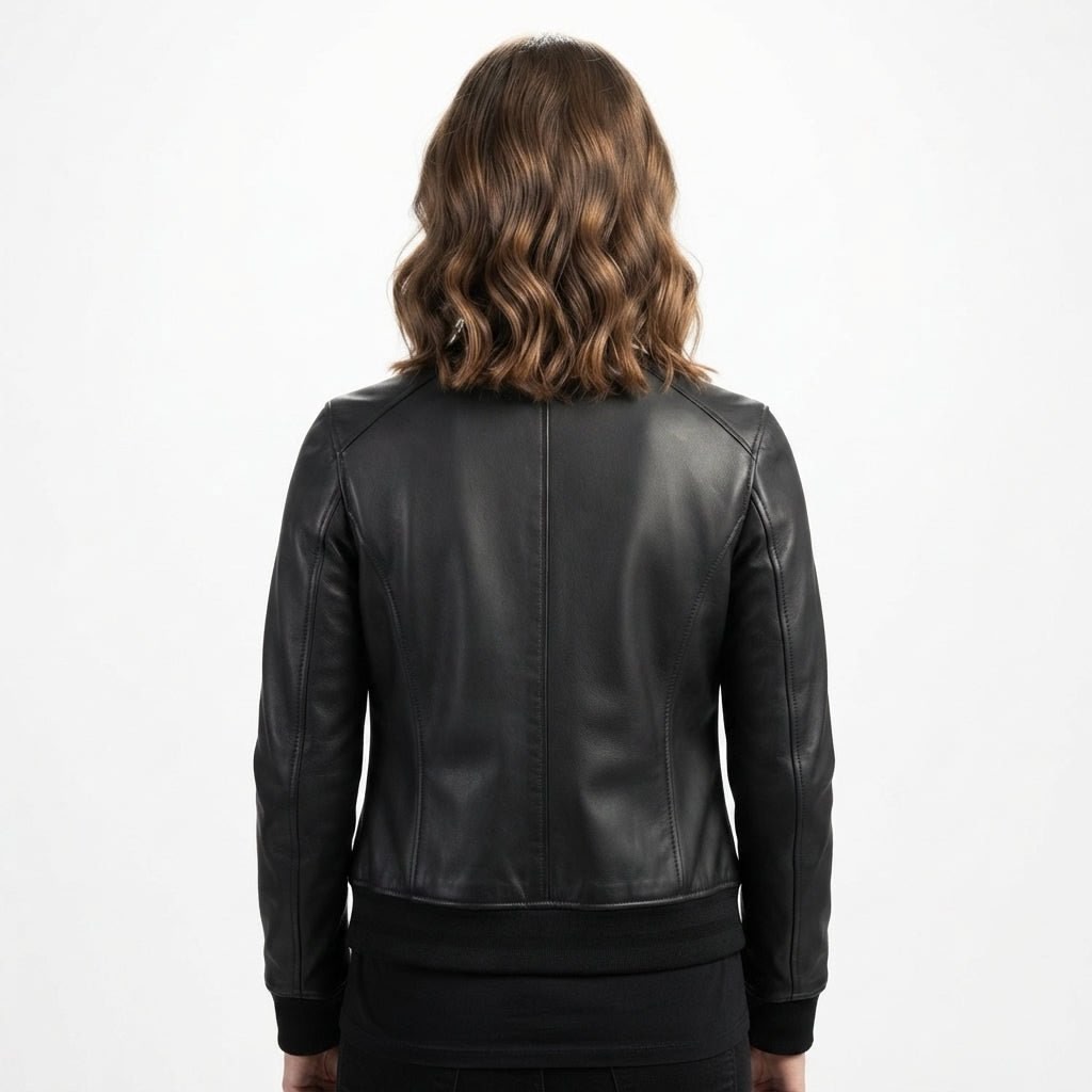 Women Bomber Leather Jacket- Black Leather Jacket for Women - Timber AND Hide