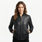 Women Bomber Leather Jacket- Black Leather Jacket for Women - Timber AND Hide