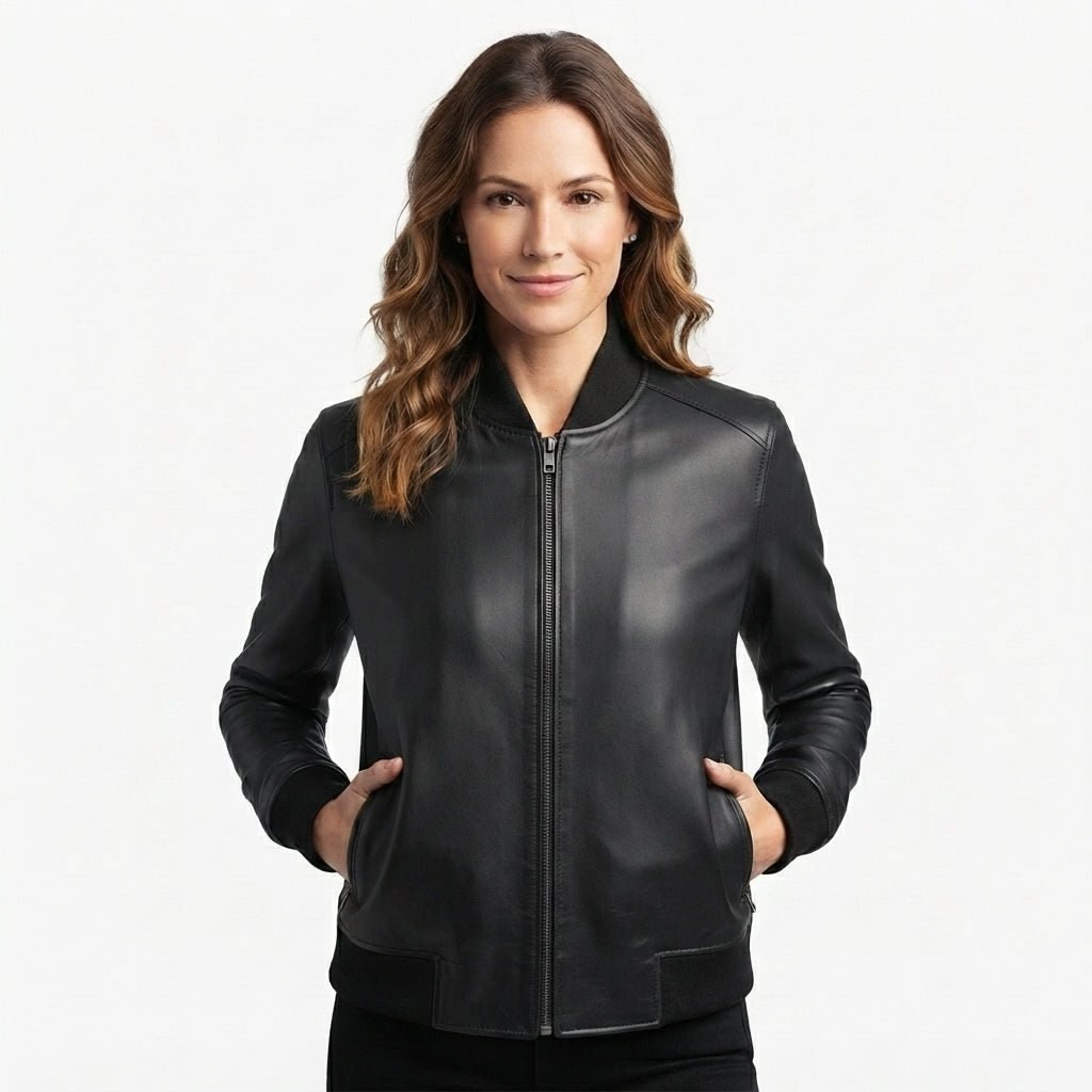 Women Bomber Leather Jacket- Black Leather Jacket for Women - Timber AND Hide