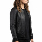 Women Bomber Leather Jacket- Black Leather Jacket for Women - Timber AND Hide