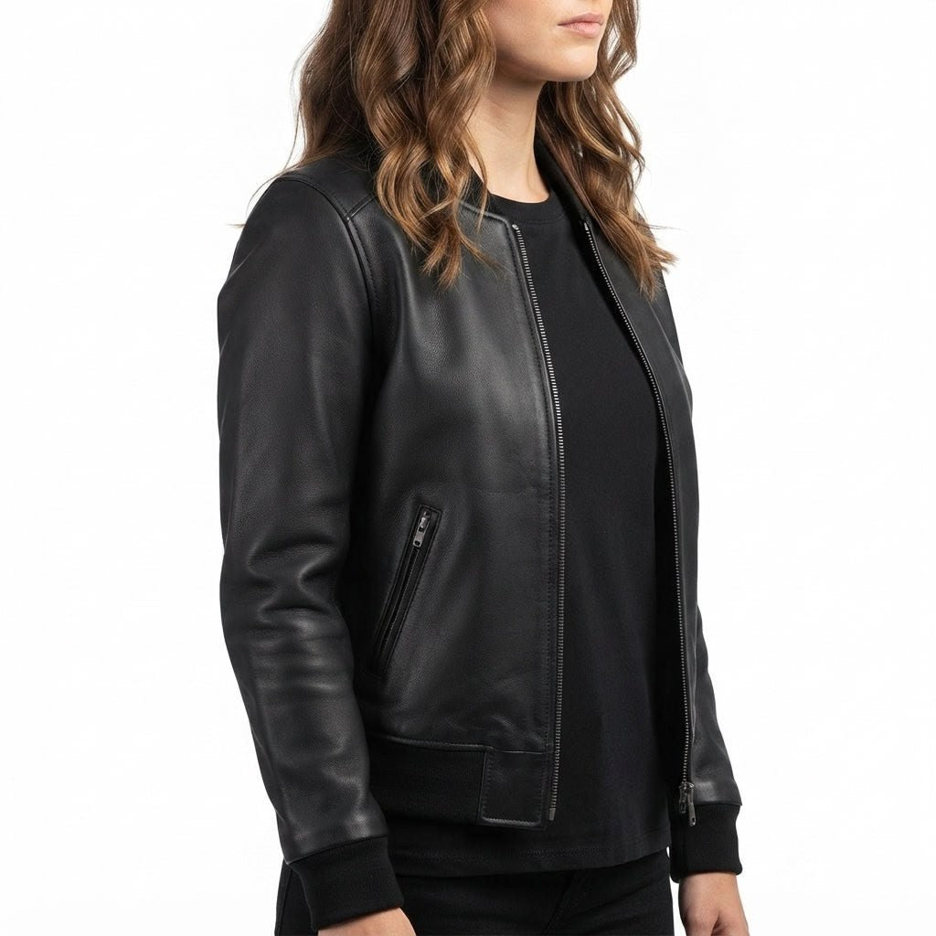Women Bomber Leather Jacket- Black Leather Jacket for Women - Timber AND Hide
