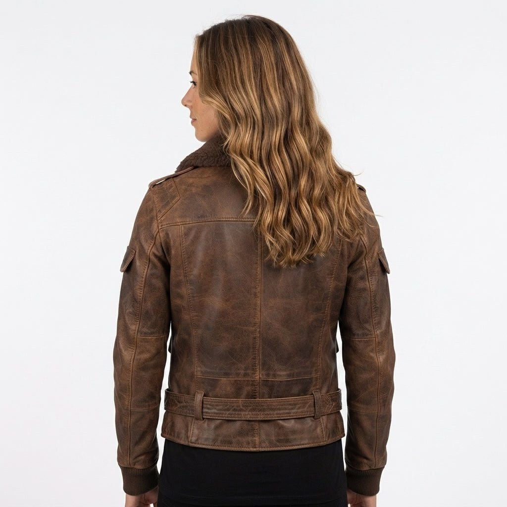 Women Brown Bomber Leather Jacket Distressed - Timber AND Hide