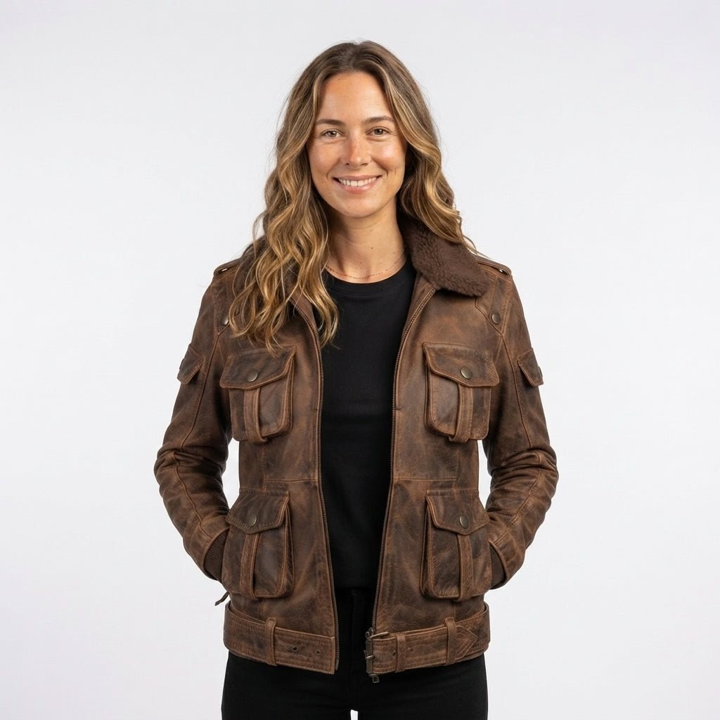 Women Brown Bomber Leather Jacket Distressed - Timber AND Hide
