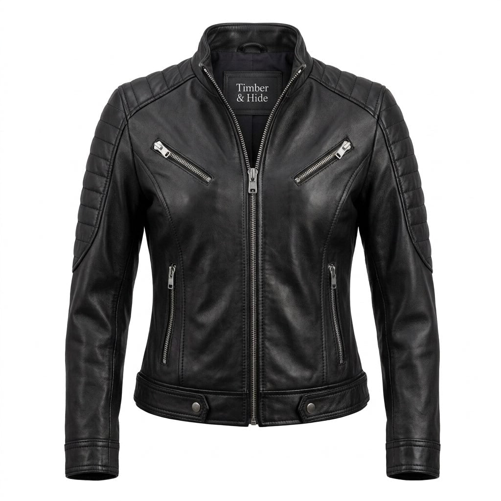 Women Paula Black Biker Leather Jacket - Timber AND Hide