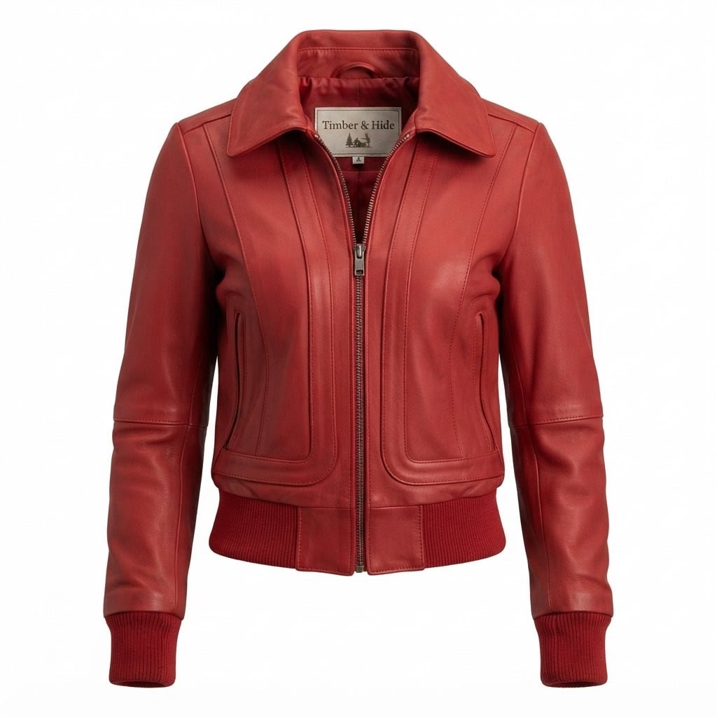 Women Red Leather Jacket Bomber Style - Timber AND Hide