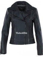 Women's Black Leather Biker Jacket - Timber AND Hide