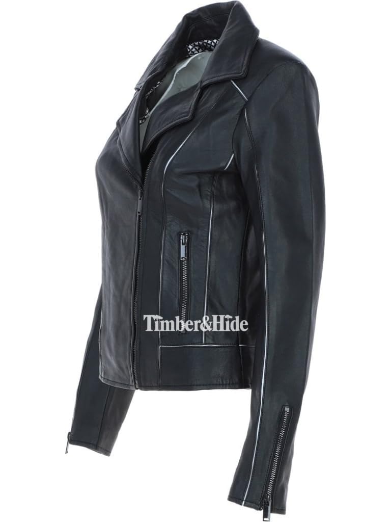 Women's Black Leather Biker Jacket - Timber AND Hide