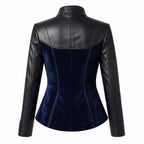 Women's Black Leather Blue Velvet Asymmetrical Military Jacket – Gothic Victorian Blazer - Timber AND Hide