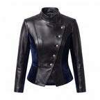 Women's Black Leather Blue Velvet Asymmetrical Military Jacket – Gothic Victorian Blazer - Timber AND Hide
