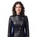 Women's Black Leather Blue Velvet Asymmetrical Military Jacket – Gothic Victorian Blazer - Timber AND Hide