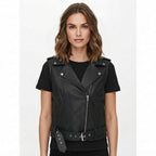 Women’s Black Stylish Biker-Style Leather Vest - Timber AND Hide