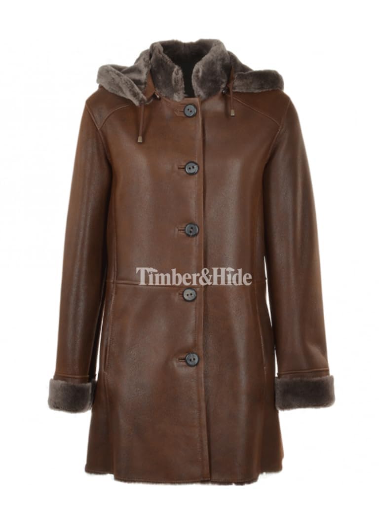 Women’s Brown Shearling Leather Coat – Genuine Leather with Faux Fur Lining | Vintage Sheepskin Coat - Timber AND Hide