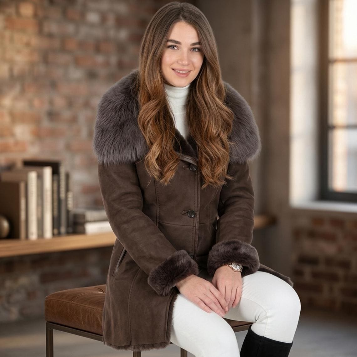Women's Brown Shearling Leather Jacket, Faux Fur Collar Winter Coat - Timber AND Hide