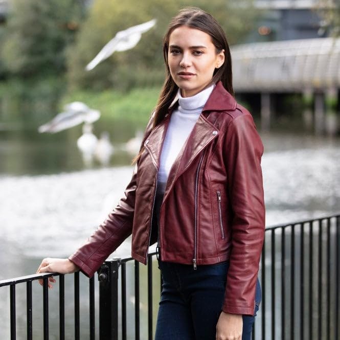 Women's Burgundy Leather Biker Jacket: Stella - Timber AND Hide