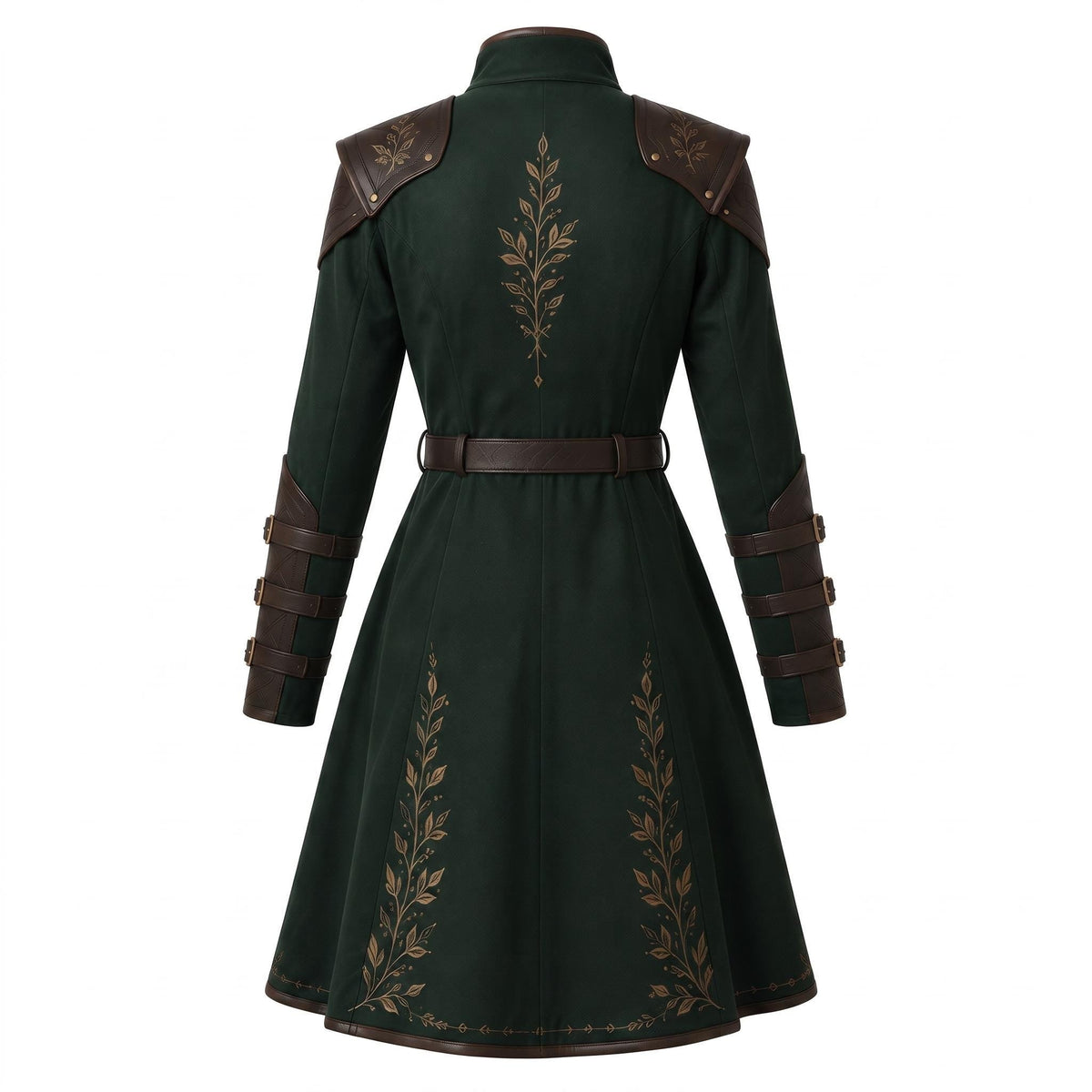 Women's Dark Green Elven Ranger Coat with Leather Accents and Embroidery - Timber AND Hide