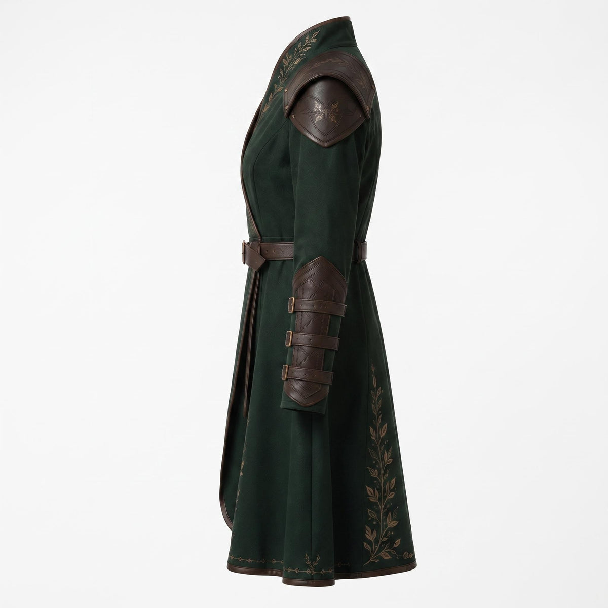 Women's Dark Green Elven Ranger Coat with Leather Accents and Embroidery - Timber AND Hide
