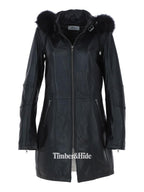 Women's Detachable Fur Hood 3/4 Leather Jacket. - Timber AND Hide