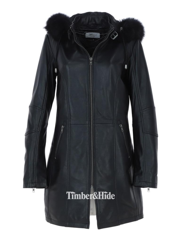 Women's Detachable Fur Hood 3/4 Leather Jacket. - Timber AND Hide