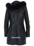 Women's Detachable Fur Hood 3/4 Leather Jacket. - Timber AND Hide