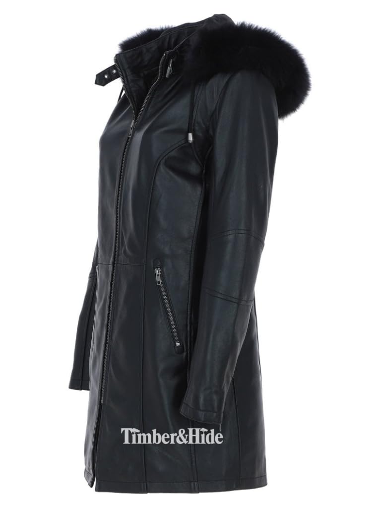 Women's Detachable Fur Hood 3/4 Leather Jacket. - Timber AND Hide
