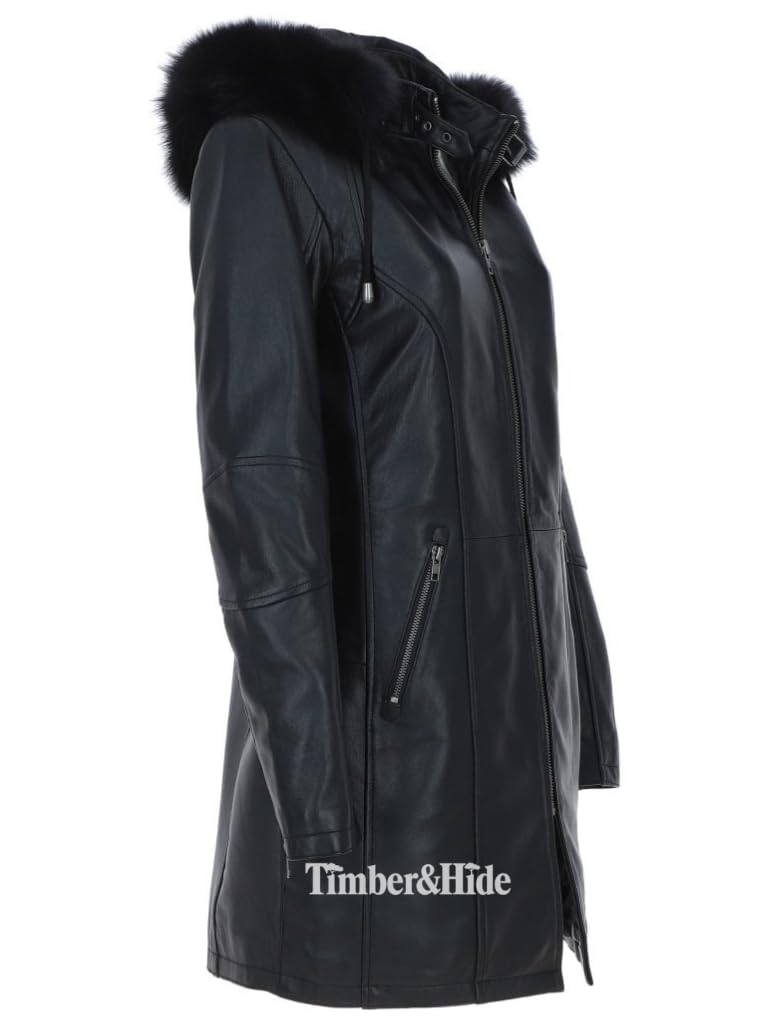 Women's Detachable Fur Hood 3/4 Leather Jacket. - Timber AND Hide