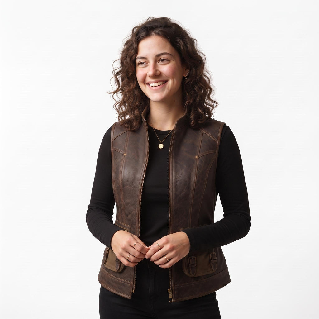 Women's Genuine Leather Utility Vest | Distressed Brown Travel Waistcoat - Timber AND Hide