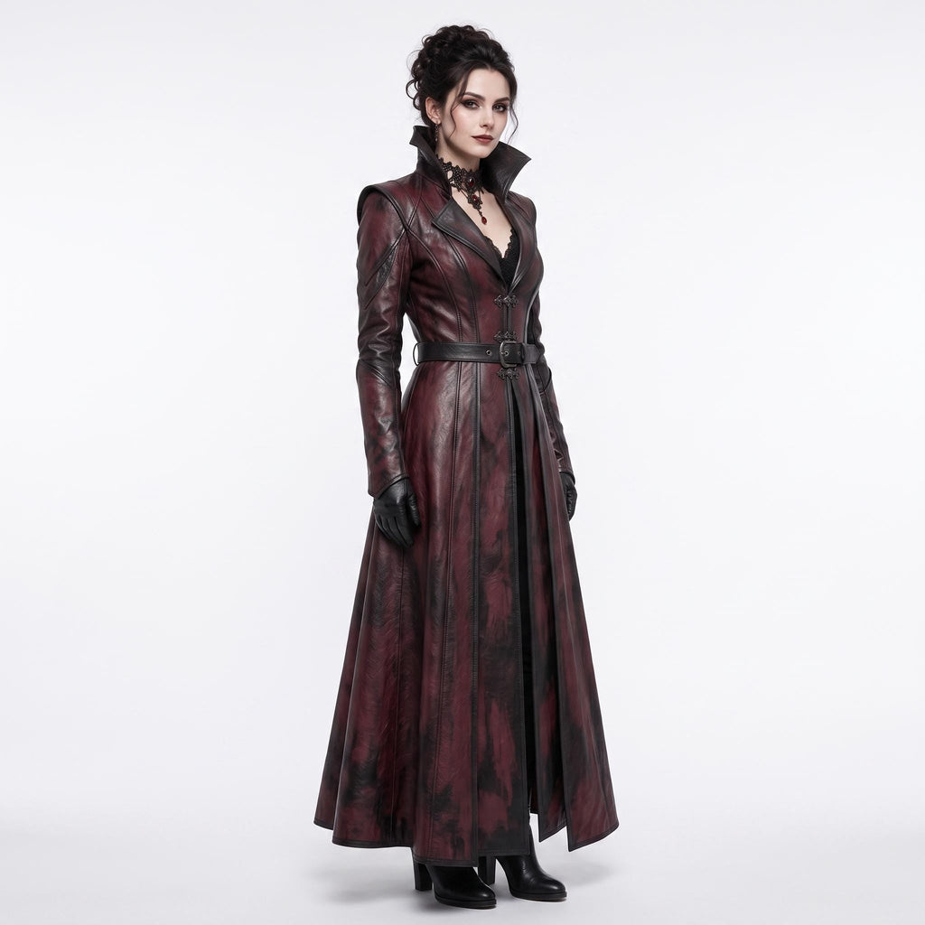 Women's Gothic Vampire Queen Burgundy Leather Trench Coat - Timber AND Hide