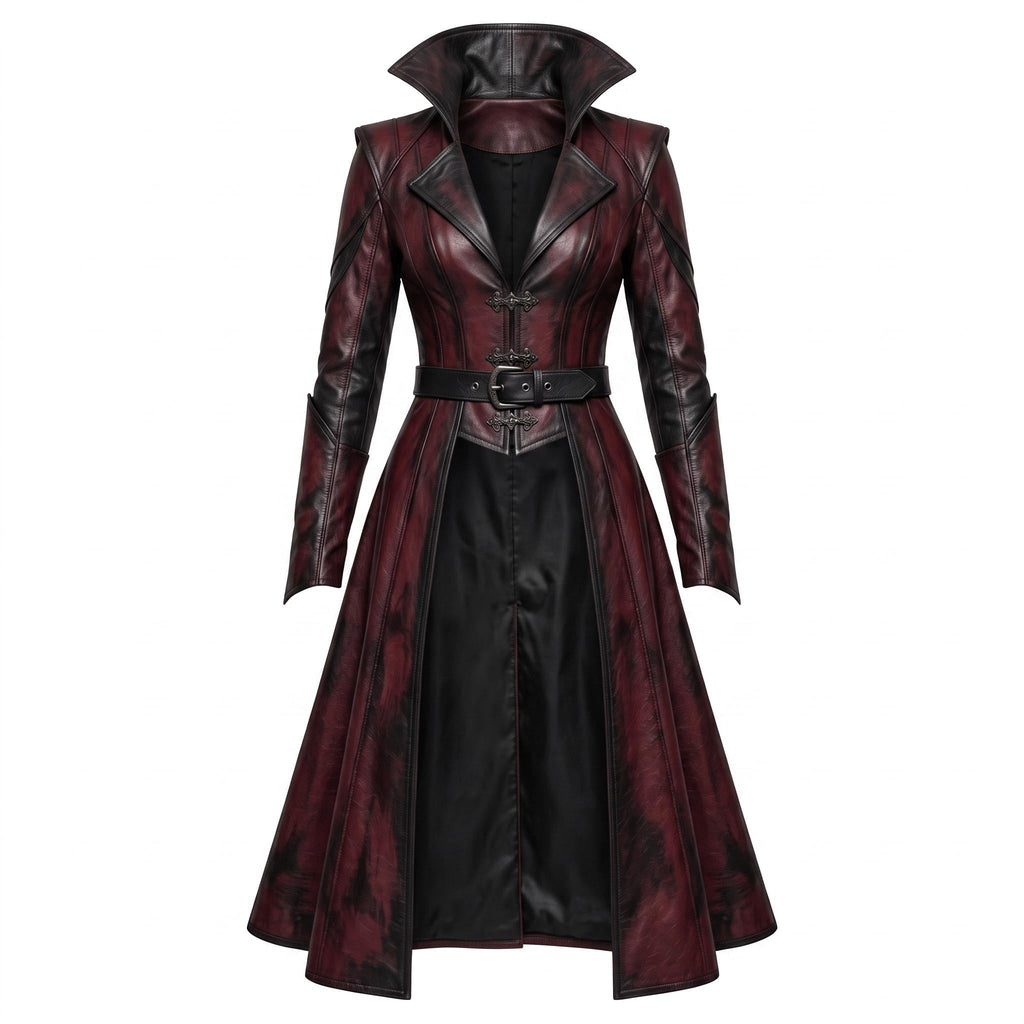 Women's Gothic Vampire Queen Burgundy Leather Trench Coat - Timber AND Hide