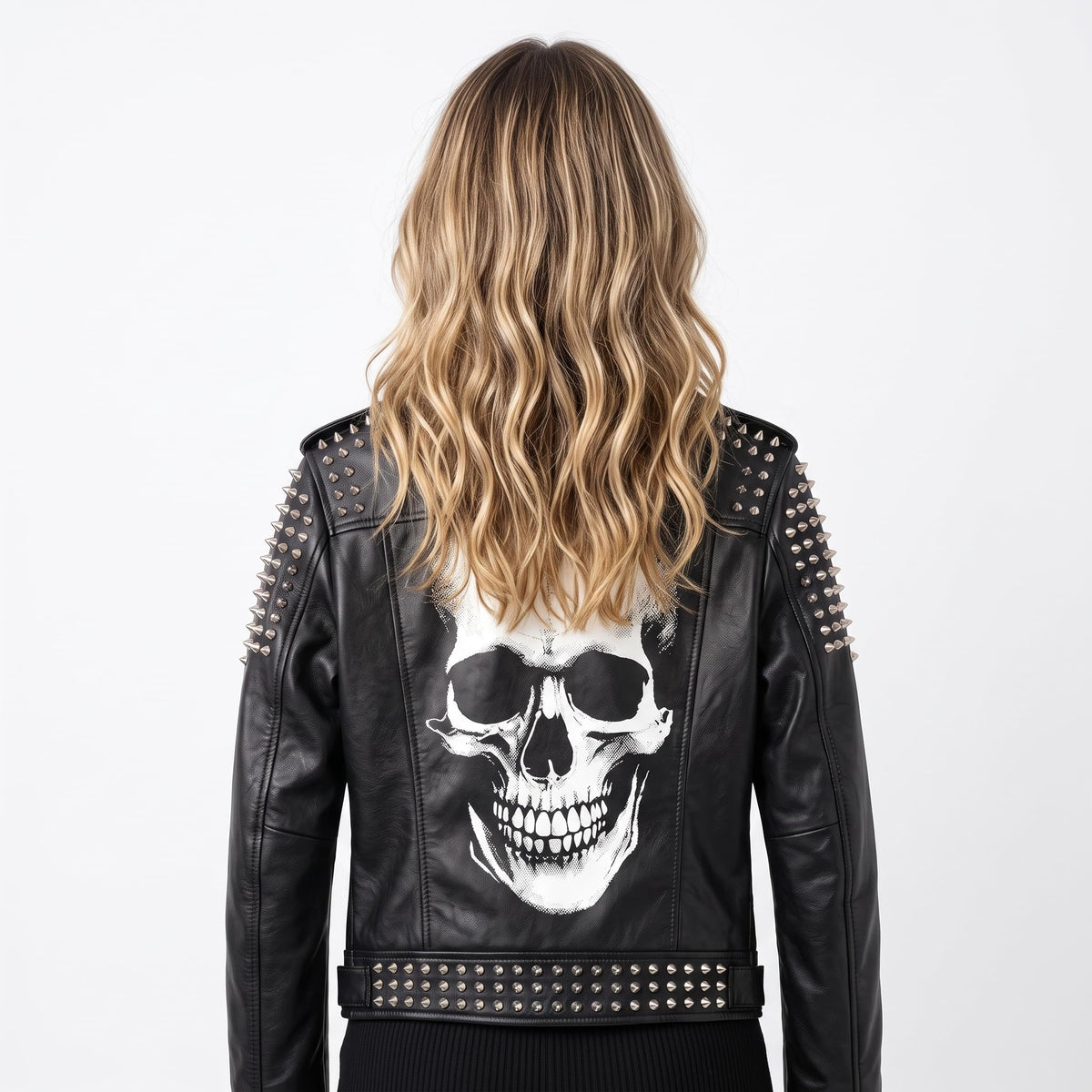 Women’s Handmade Black Leather Motorcycle Jacket – Studded, Spiked, & Hand-Painted Misfits Punk Rocker Style - Timber AND Hide