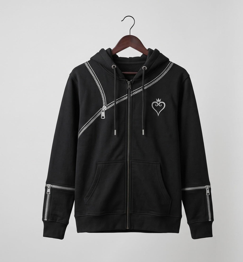 Women's Kingdom Hearts Black Zip-Up Hoodie | Fleece Gaming Sweatshirt | Keyblade Graphic Cosplay Jacket - Timber AND Hide