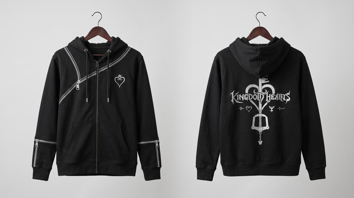 Women's Kingdom Hearts Black Zip-Up Hoodie | Fleece Gaming Sweatshirt | Keyblade Graphic Cosplay Jacket - Timber AND Hide