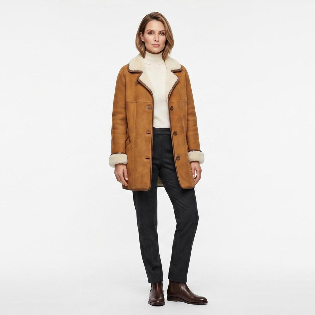 Women's Suede Leather Shearling Coat: Penny Lane Style Winter Jacket - Timber AND Hide