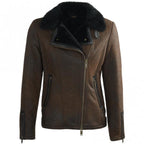 Women's Tan Leather Aviator Jacket, Sheepskin Shearling Bomber Coat, Faux Fur Collar - Timber AND Hide